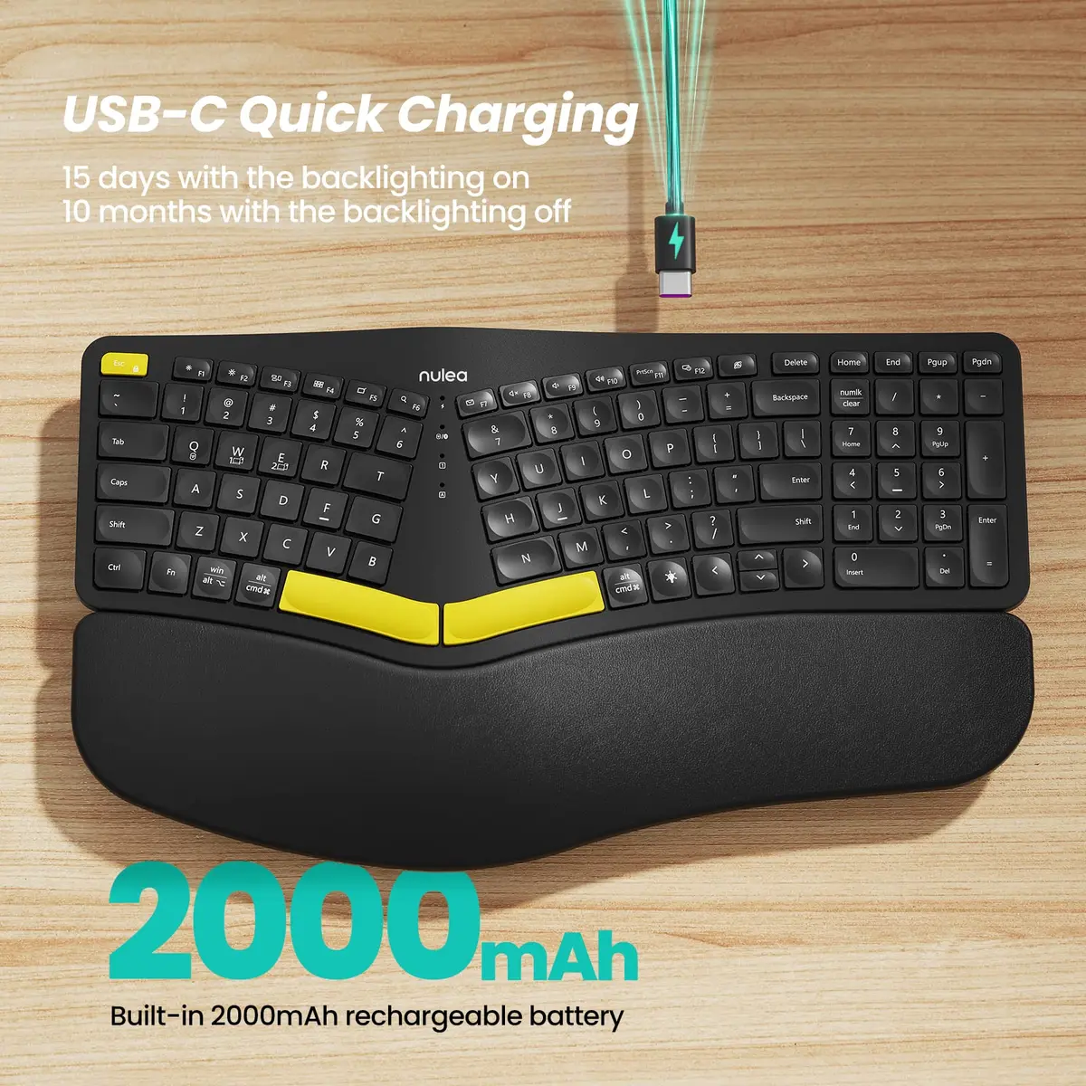 Nulea Ergonomic Split Wireless Keyboard with Wrist Rest 7-Color Backlight - view 3