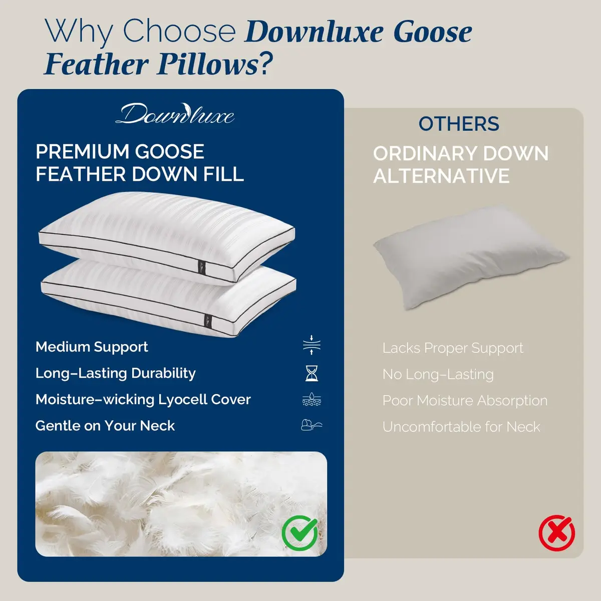 downluxe Goose Feather and Down Pillows King Set of 2 | Ultra-Soft, Ethically-Sourced - view 9