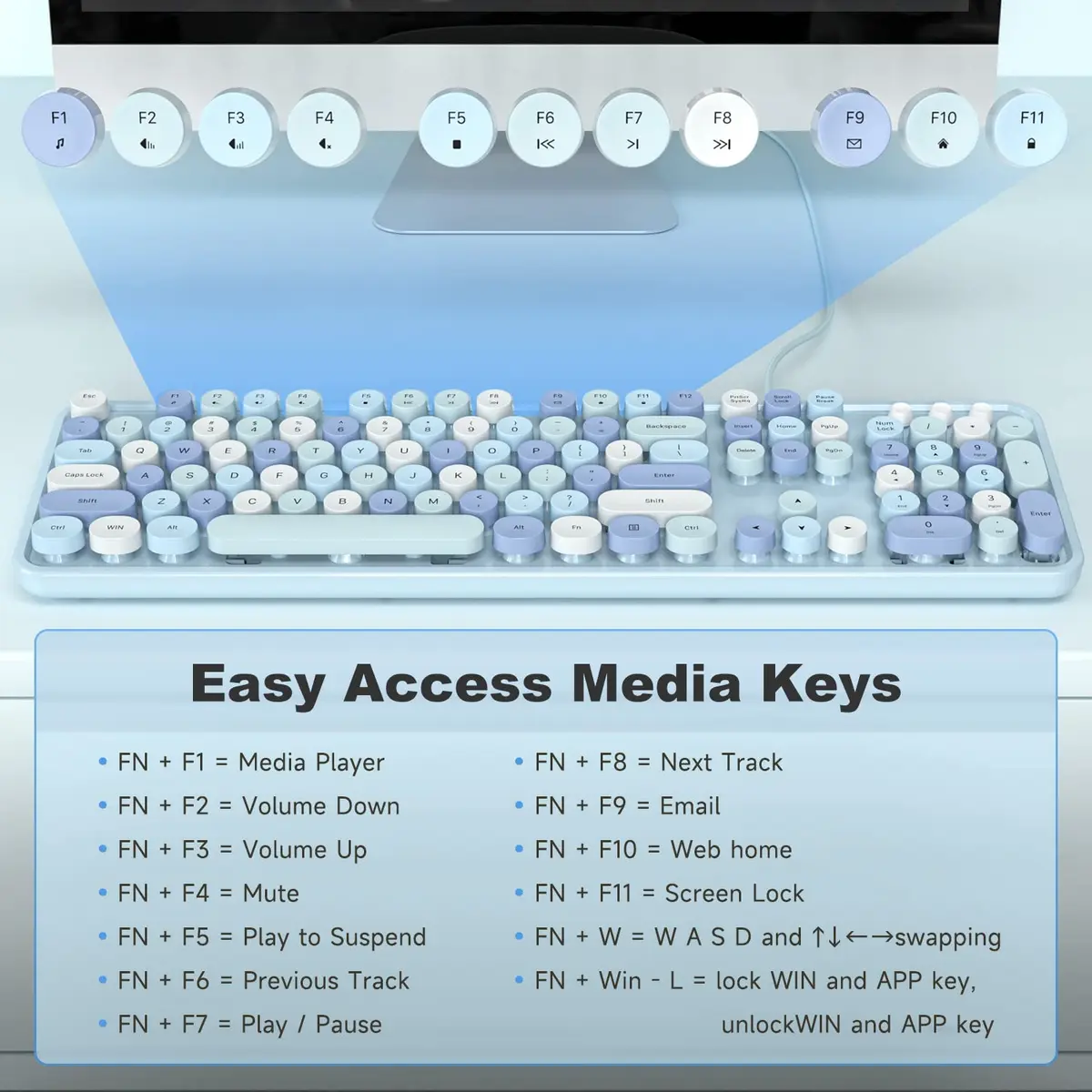 KNOWSQT Wired Computer Keyboard - Blue Colorful Retro Full Size Round Keycaps Plug and Play Typewriter Style 104 Keys | USB Wired Connection - view 5