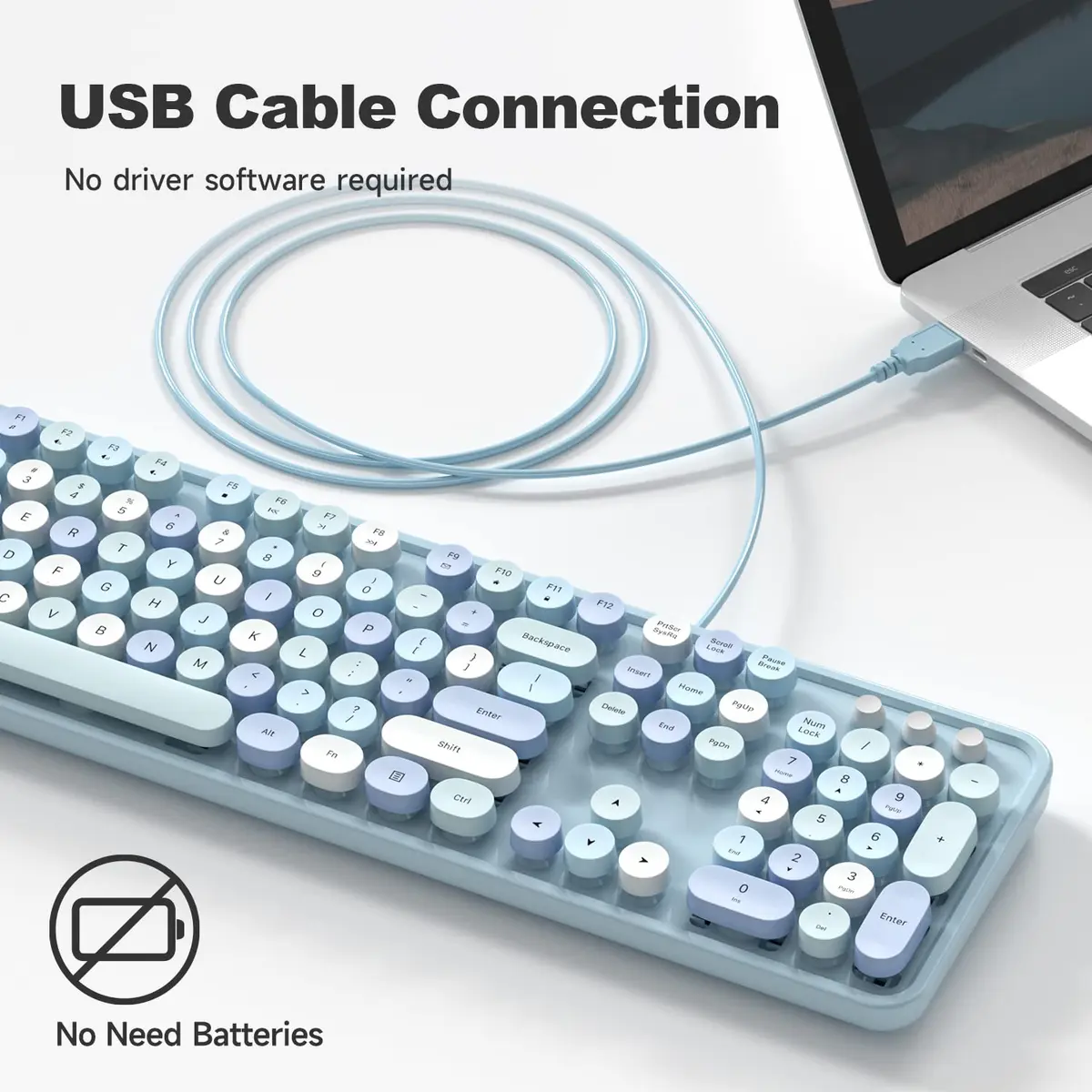 KNOWSQT Wired Computer Keyboard - Blue Colorful Retro Full Size Round Keycaps Plug and Play Typewriter Style 104 Keys | USB Wired Connection - view 6