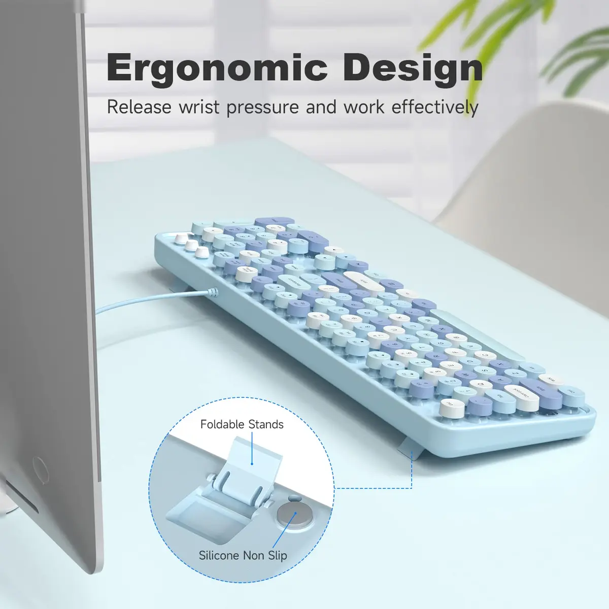 KNOWSQT Wired Computer Keyboard - Blue Colorful Retro Full Size Round Keycaps Plug and Play Typewriter Style 104 Keys | USB Wired Connection - view 8