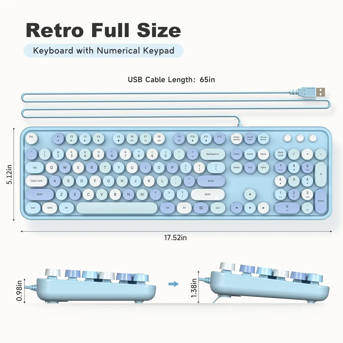KNOWSQT Wired Computer Keyboard - Blue Colorful Retro Full Size Round Keycaps Plug and Play Typewriter Style 104 Keys | USB Wired Connection - view 9