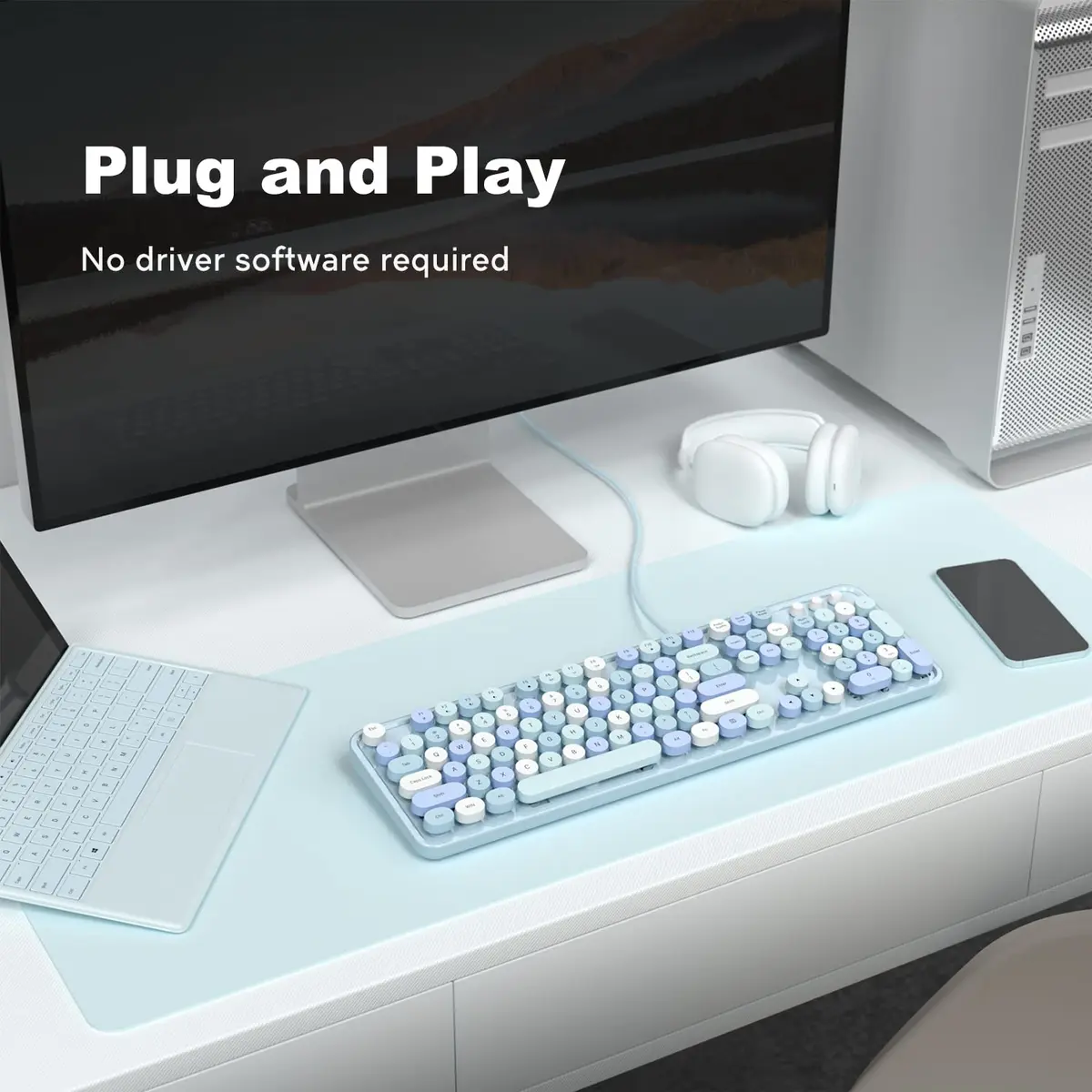 KNOWSQT Wired Computer Keyboard - Blue Colorful Retro Full Size Round Keycaps Plug and Play Typewriter Style 104 Keys | USB Wired Connection - view 2
