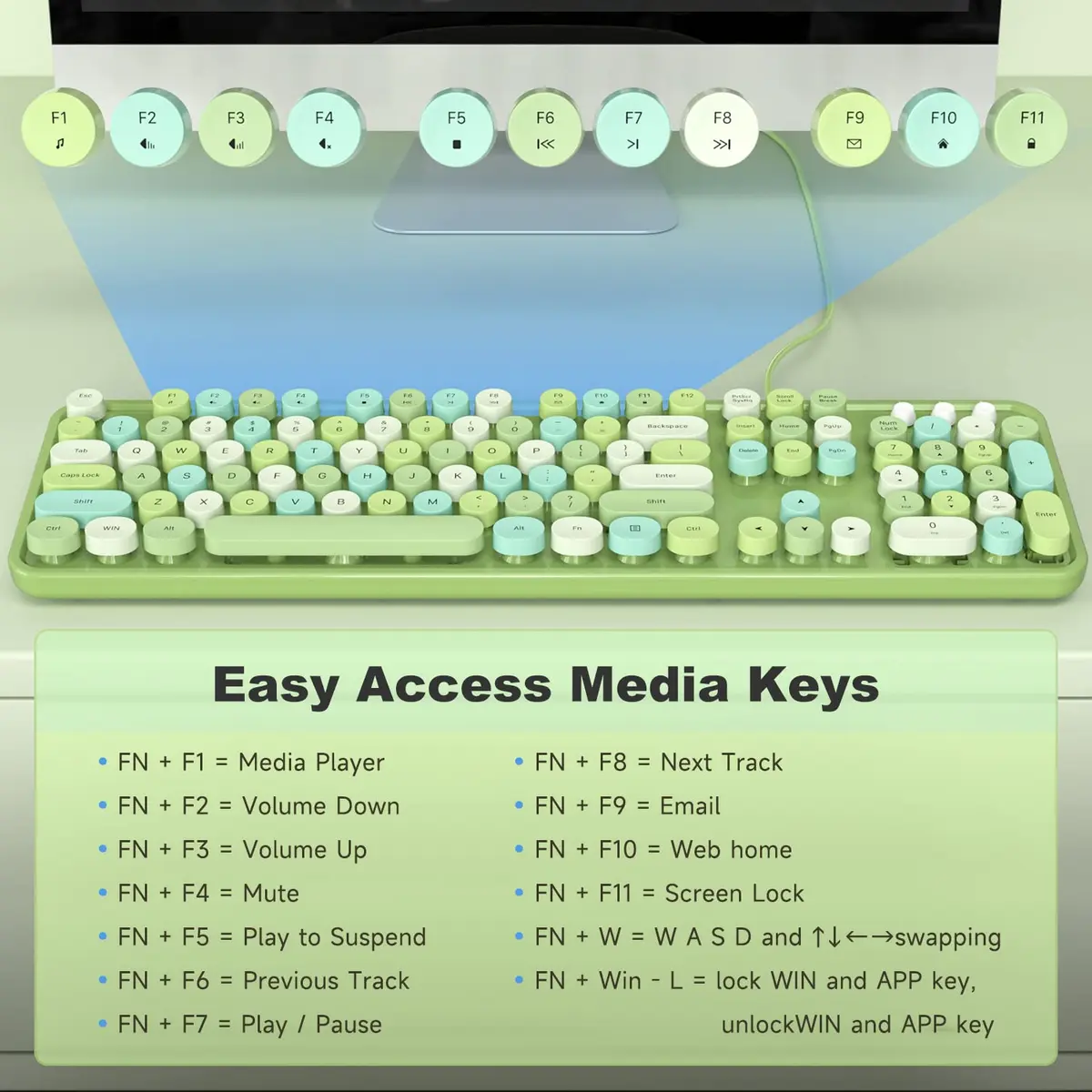KNOWSQT Wired Computer Keyboard - Green Colorful Retro Full Size Round Keycaps Plug and Play Typewriter Style Keyboard - view 5