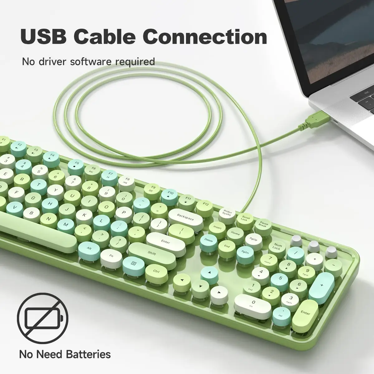 KNOWSQT Wired Computer Keyboard - Green Colorful Retro Full Size Round Keycaps Plug and Play Typewriter Style Keyboard - view 6