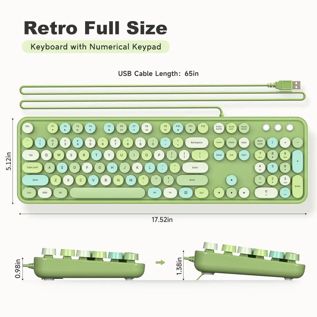 KNOWSQT Wired Computer Keyboard - Green Colorful Retro Full Size Round Keycaps Plug and Play Typewriter Style Keyboard - view 9