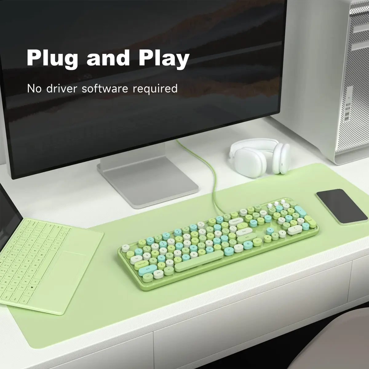 KNOWSQT Wired Computer Keyboard - Green Colorful Retro Full Size Round Keycaps Plug and Play Typewriter Style Keyboard - view 2