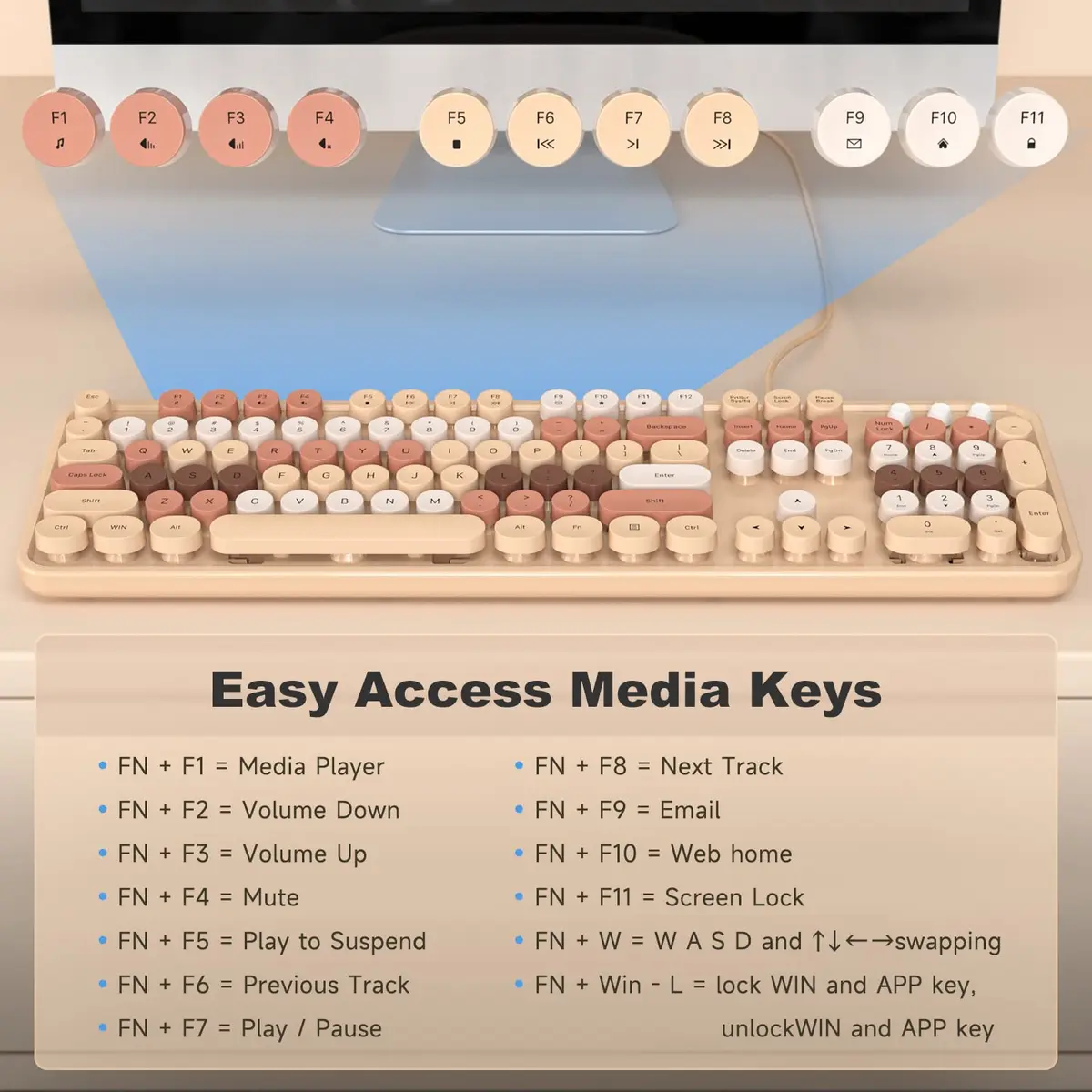 KNOWSQT Milk Tea Colorful Retro Full Size Round Keycap Wired Keyboard | 104-Key QWERTY Layout - view 5