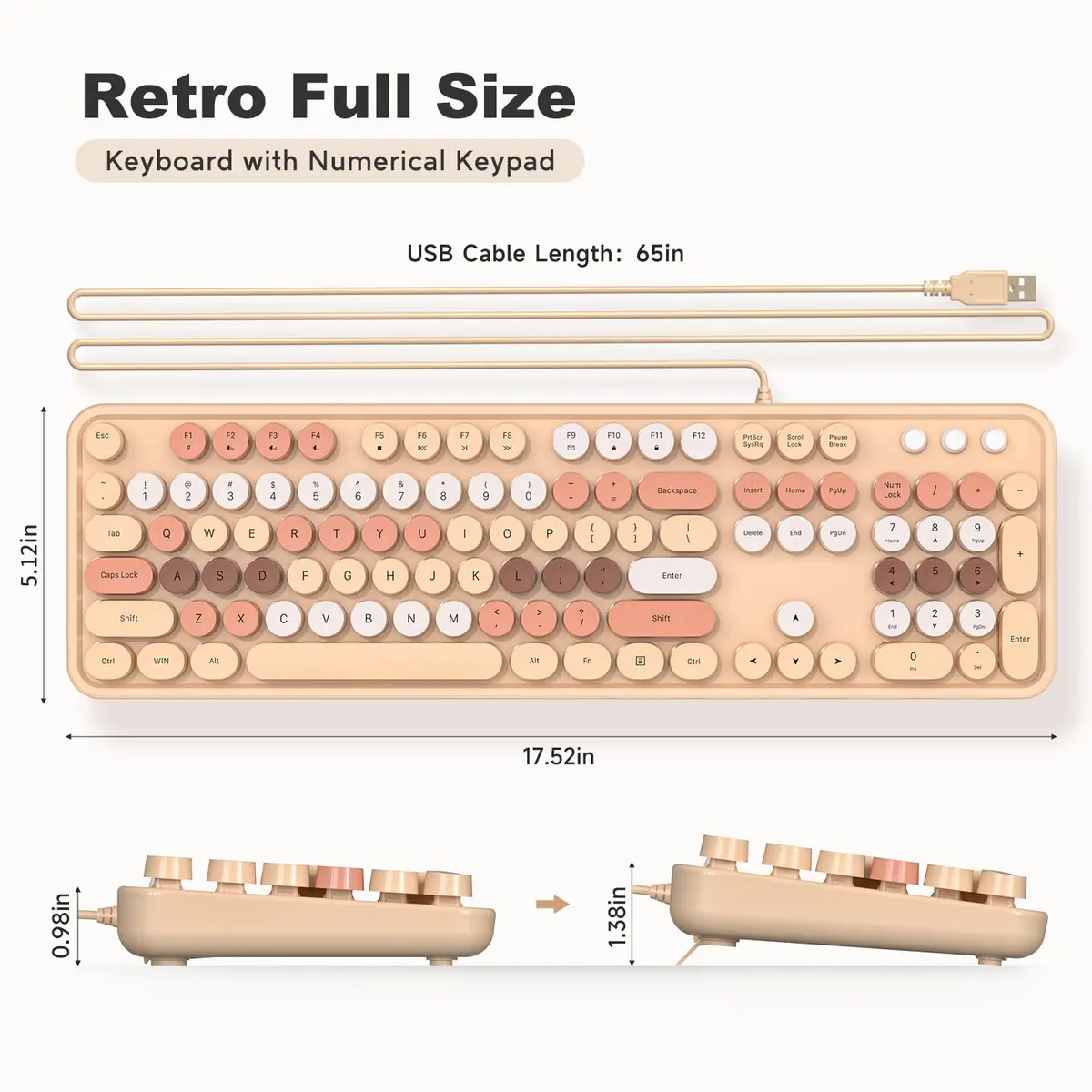 KNOWSQT Milk Tea Colorful Retro Full Size Round Keycap Wired Keyboard | 104-Key QWERTY Layout - view 9