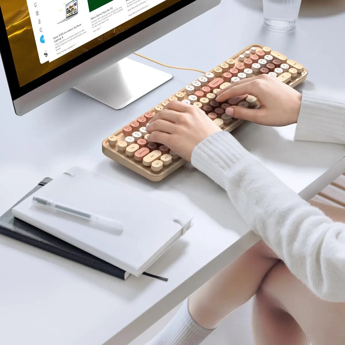KNOWSQT Milk Tea Colorful Retro Full Size Round Keycap Wired Keyboard | 104-Key QWERTY Layout - view 3