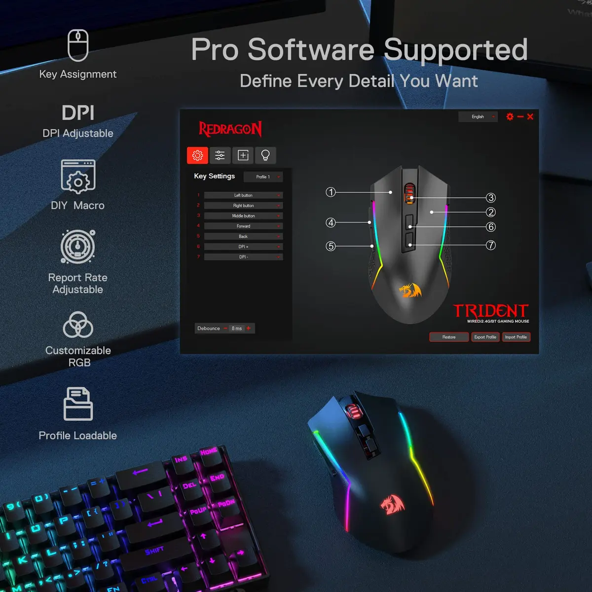 Redragon M693 Wireless Gaming Mouse 8000 DPI, 7 Macro Buttons, 3-Mode Connection | PC & Mac Gaming Mouse - view 6