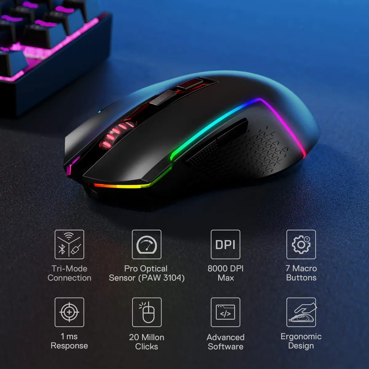 Redragon M693 Wireless Gaming Mouse 8000 DPI, 7 Macro Buttons, 3-Mode Connection | PC & Mac Gaming Mouse - view 2