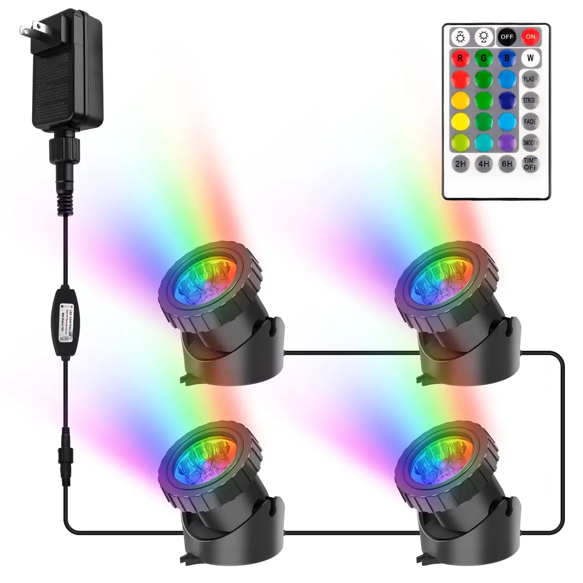 CREPOW RGB Pond Lights with Timer | Underwater Colorful Landscape Spotlights, 98ft Remote Control, IP68 Waterproof, Set of 4 (98ft, 4 lights) - main product image