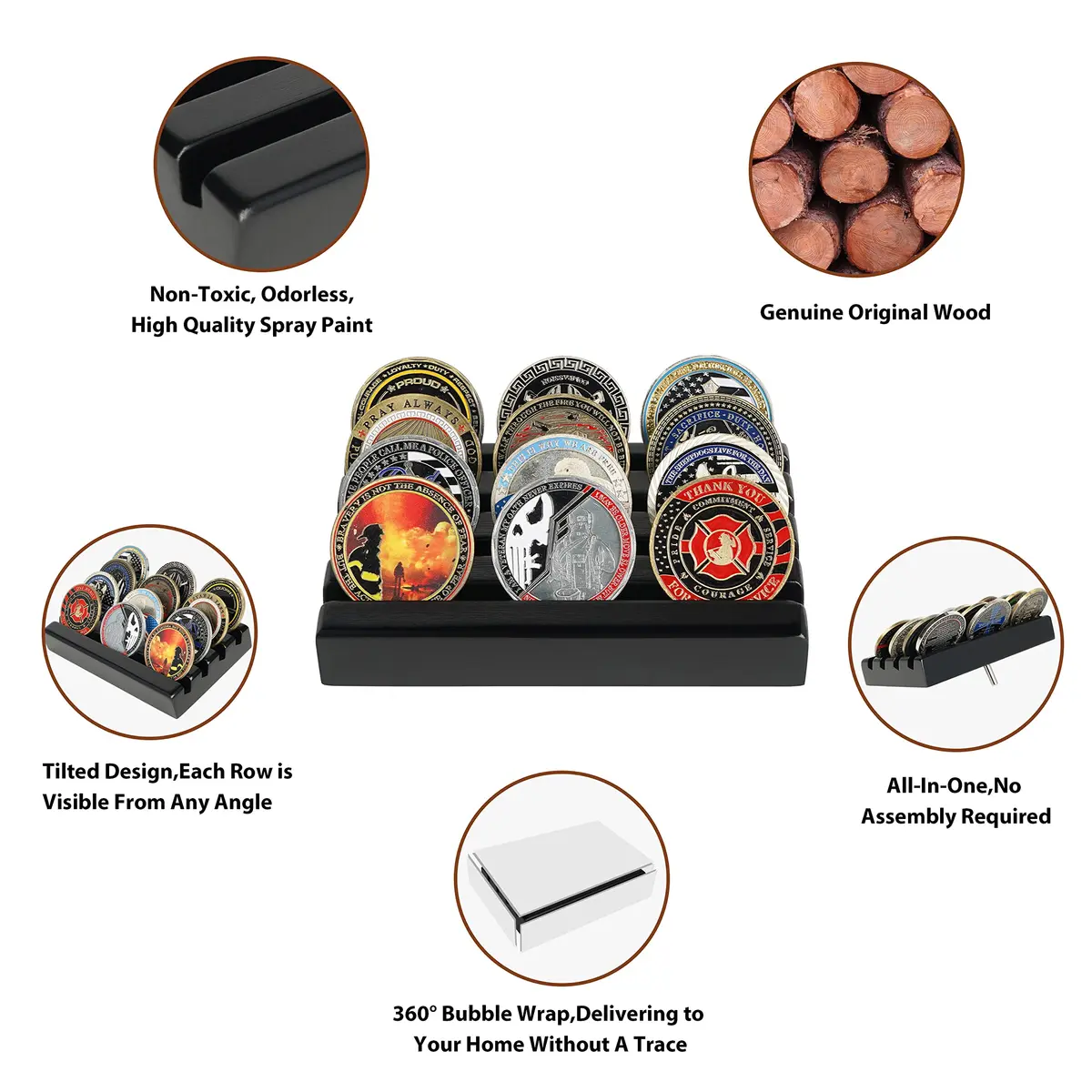 DecoWoodo Challenge Coin Holder Display Case 4 Row Solid Wood Black Finish | Space-Saving Military Coin Rack - view 4