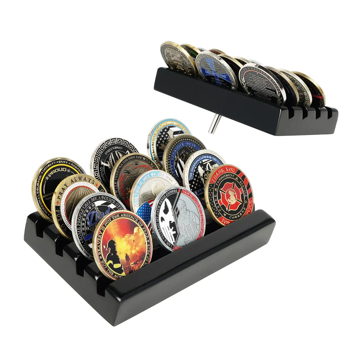 DecoWoodo Challenge Coin Holder Display Case 4 Row Solid Wood Black Finish | Space-Saving Military Coin Rack - main product image