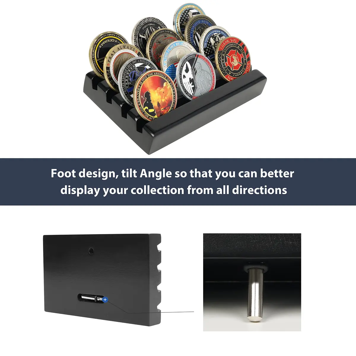 DecoWoodo Challenge Coin Holder Display Case 4 Row Solid Wood Black Finish | Space-Saving Military Coin Rack - view 7