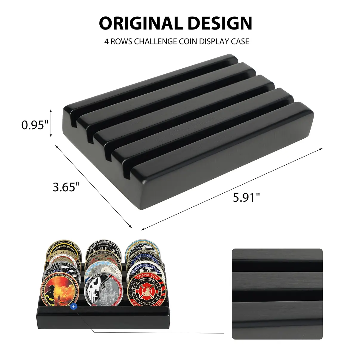 DecoWoodo Challenge Coin Holder Display Case 4 Row Solid Wood Black Finish | Space-Saving Military Coin Rack - view 2