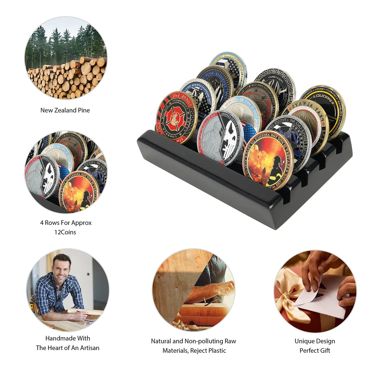 DecoWoodo Challenge Coin Holder Display Case 4 Row Solid Wood Black Finish | Space-Saving Military Coin Rack - view 3