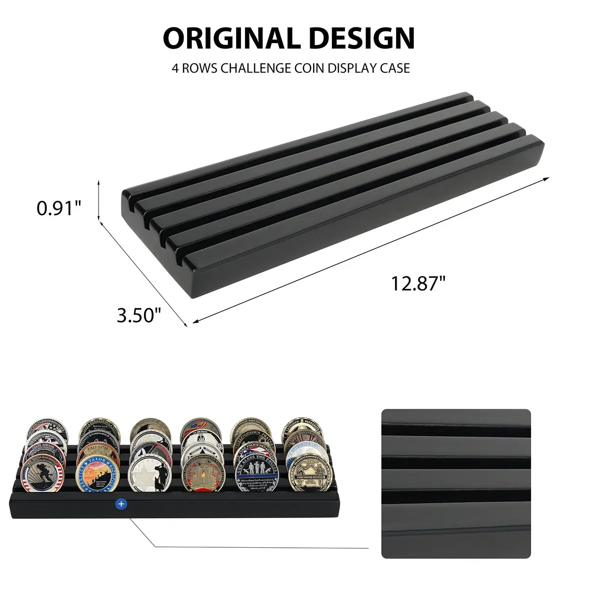 DecoWoodo Challenge Coin Display Stand 4 Rows Wooden Military Coin Holder Rack Case Holds 30 Coins, Black Finish | Elegant & Durable - view 2