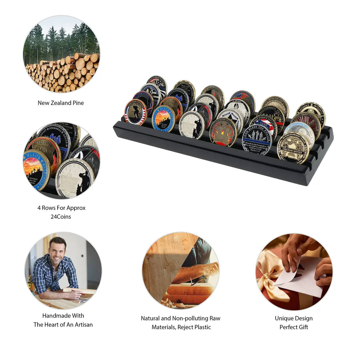 DecoWoodo Challenge Coin Display Stand 4 Rows Wooden Military Coin Holder Rack Case Holds 30 Coins, Black Finish | Elegant & Durable - view 3