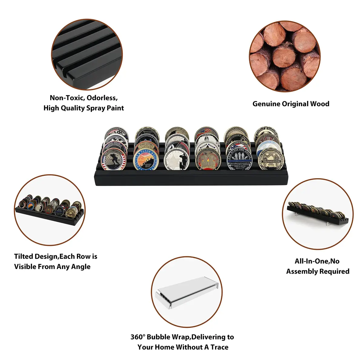 DecoWoodo Challenge Coin Display Stand 4 Rows Wooden Military Coin Holder Rack Case Holds 30 Coins, Black Finish | Elegant & Durable - view 4