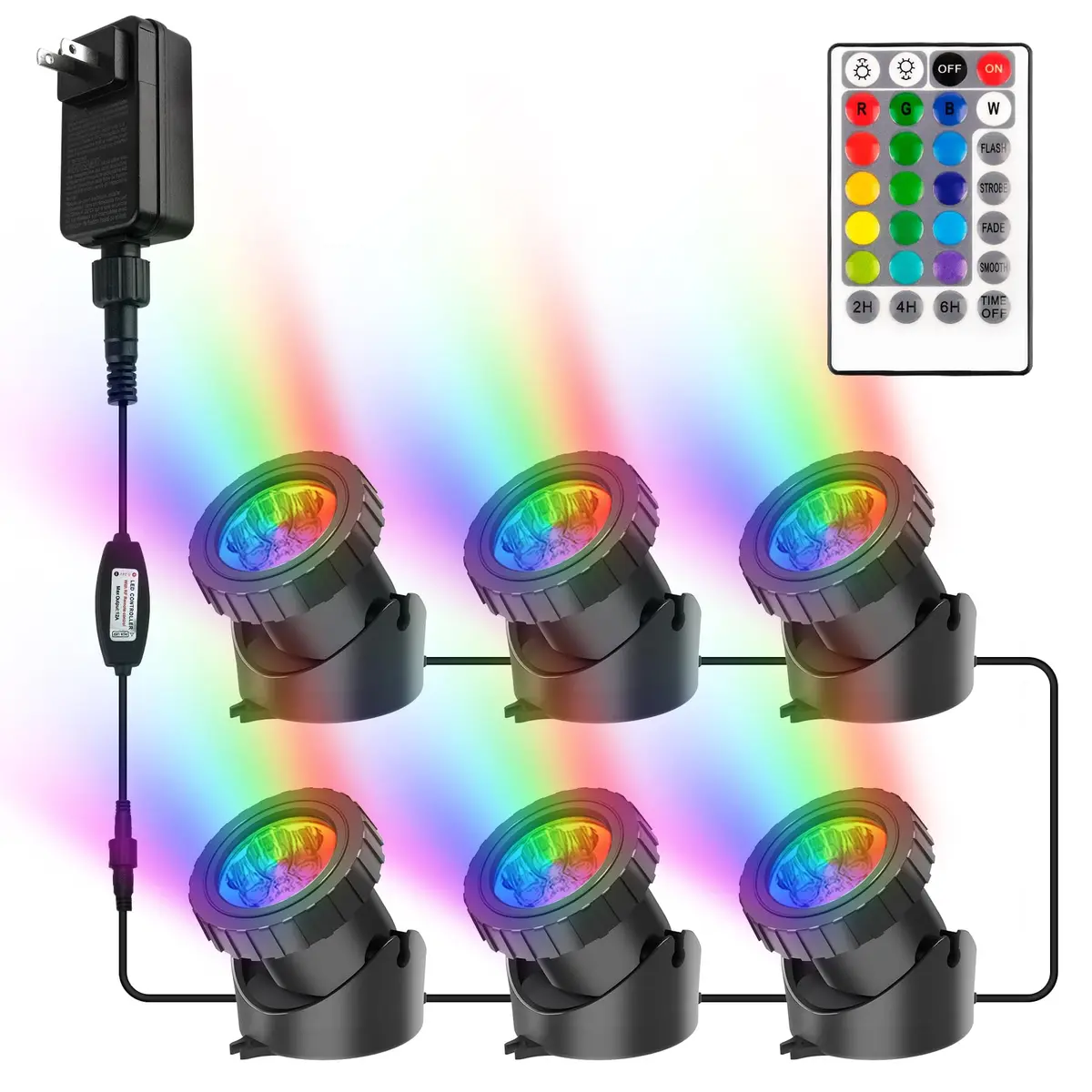 CREPOW RGB Pond Lights with Timer | Underwater Colorful Landscape Spotlights, 6-Pack, IP68 Waterproof, 98ft Remote Control - main product image