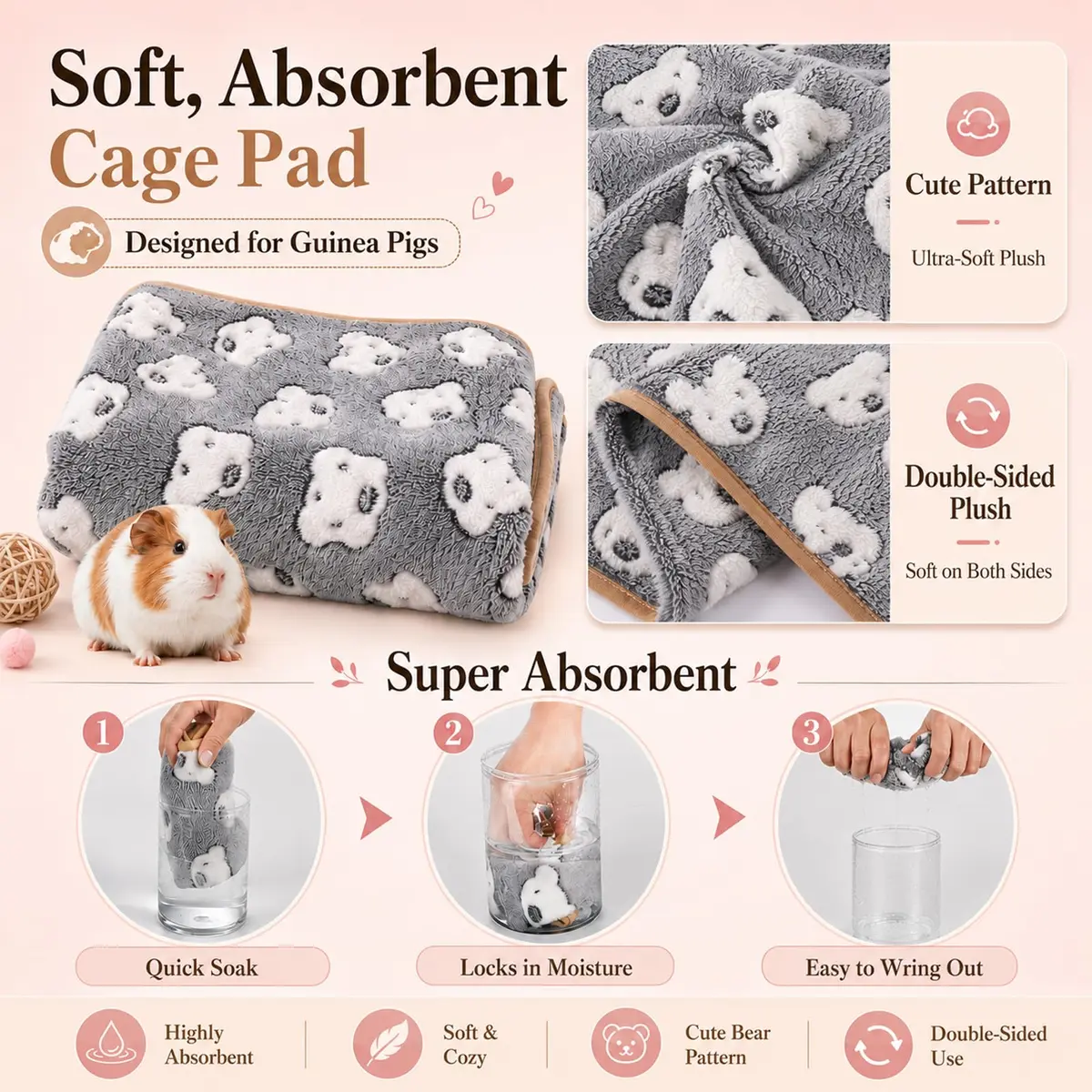 Grddaef Guinea Pig Fleece Blankets 6 Pieces 20cm x 20cm (7.9" x 7.9") | Waterproof & Washable Small Animal Cage Liners - view 2