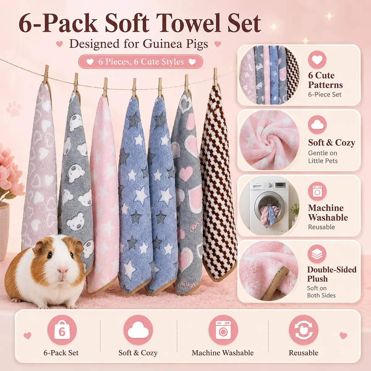 Grddaef Guinea Pig Fleece Blankets 6 Pieces 20cm x 20cm (7.9" x 7.9") | Waterproof & Washable Small Animal Cage Liners - view 3