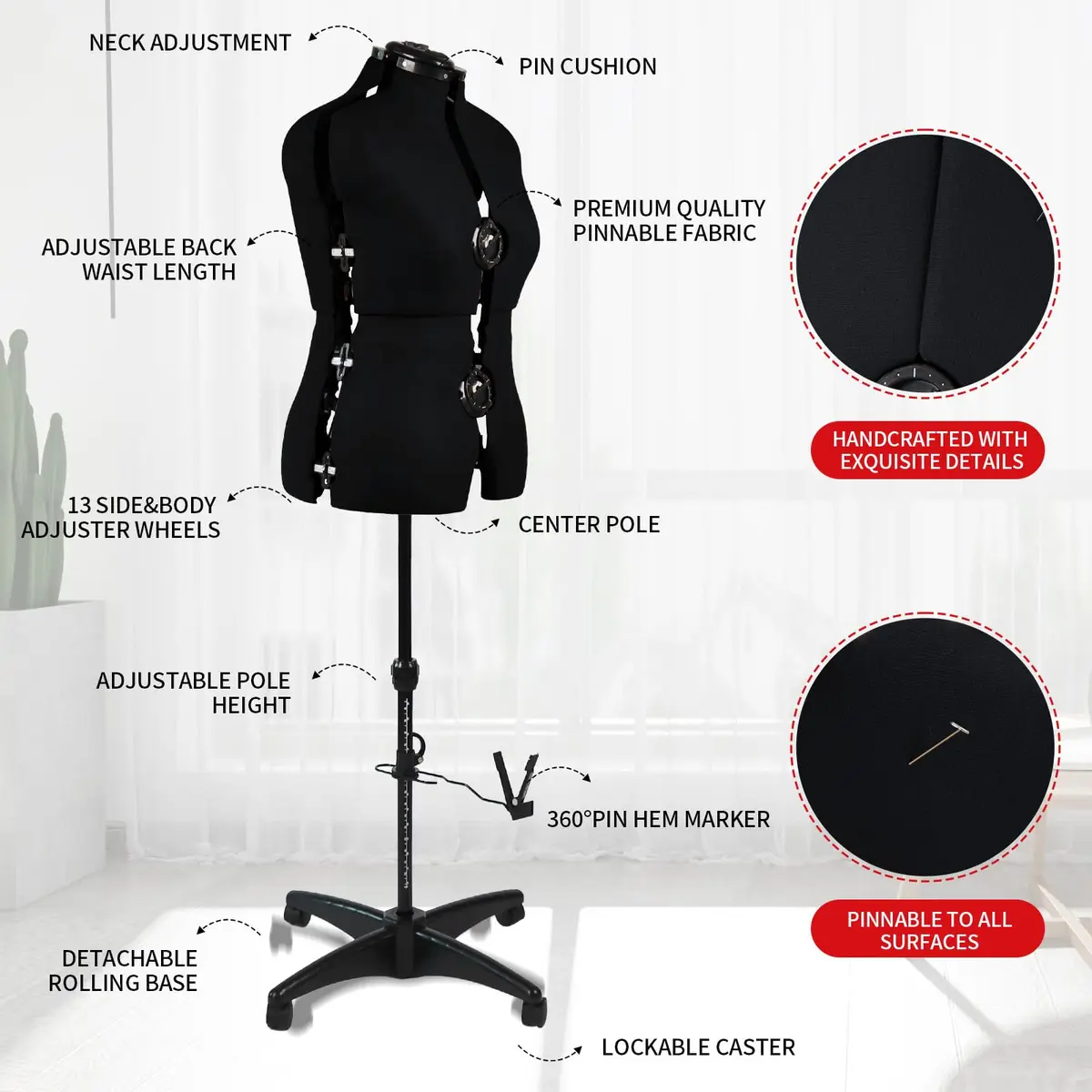 PDM WORLDWIDE Black Adjustable Sewing Dress Form Mannequin Size 12-18 | Fully Adjustable, Stable Base, Cotton Cover - view 5