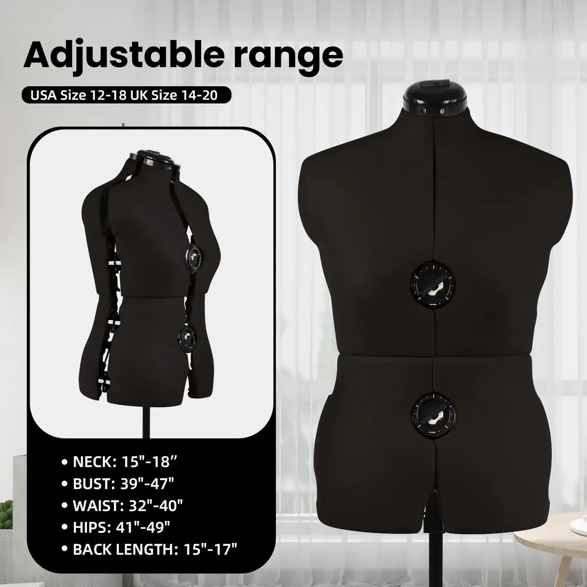 PDM WORLDWIDE Black Adjustable Sewing Dress Form Mannequin Size 12-18 | Fully Adjustable, Stable Base, Cotton Cover - view 2