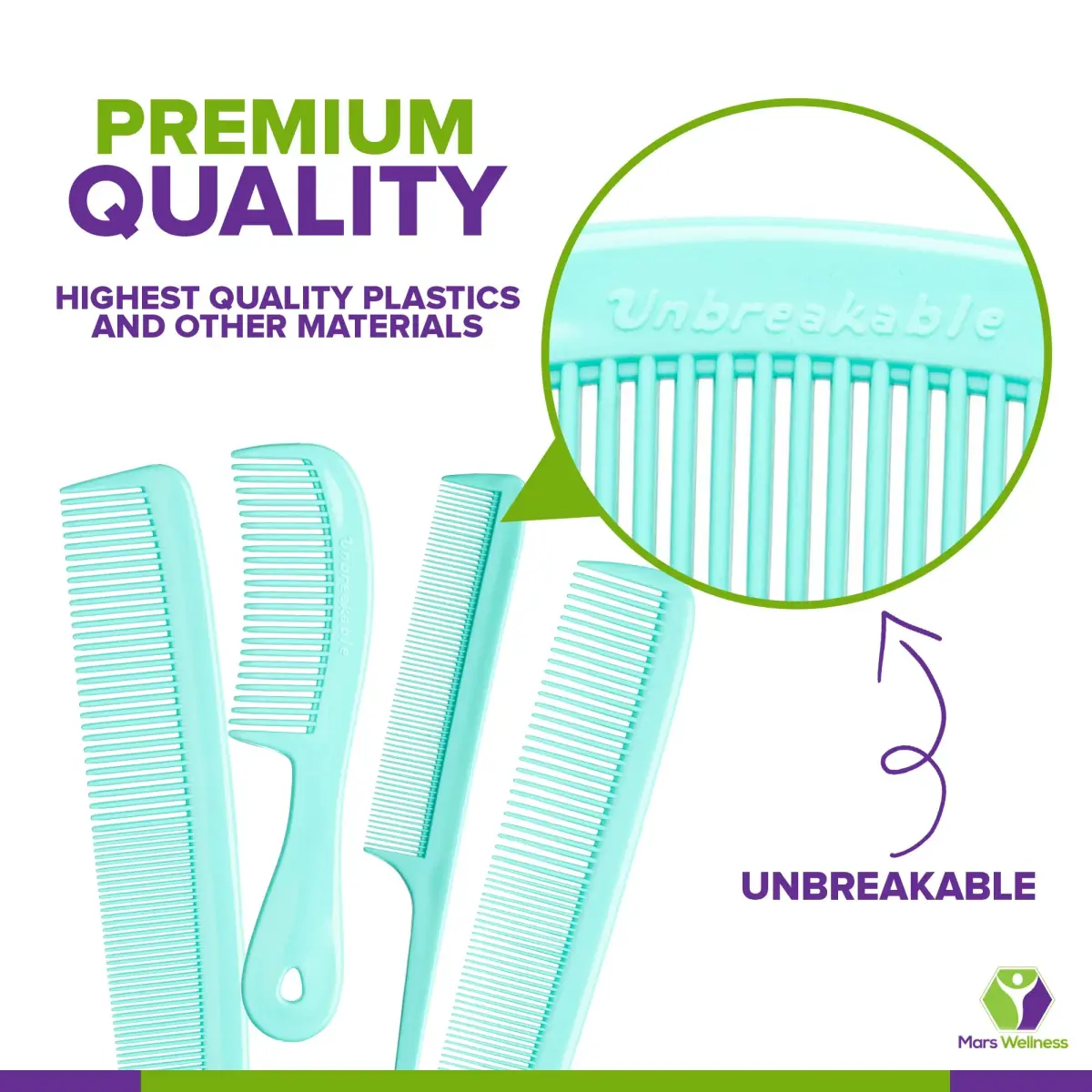 Mars Wellness 4 Piece Professional Green Comb Set | Barber Quality Styling, Detangling, and Backcombing Combs - view 2