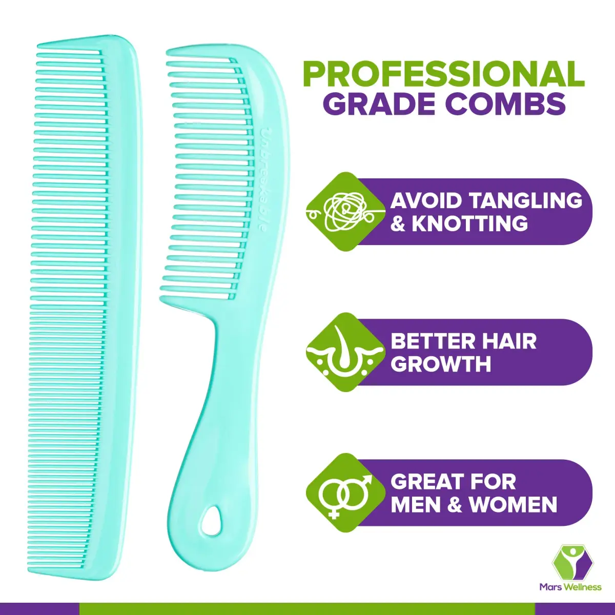 Mars Wellness 4 Piece Professional Green Comb Set | Barber Quality Styling, Detangling, and Backcombing Combs - view 3