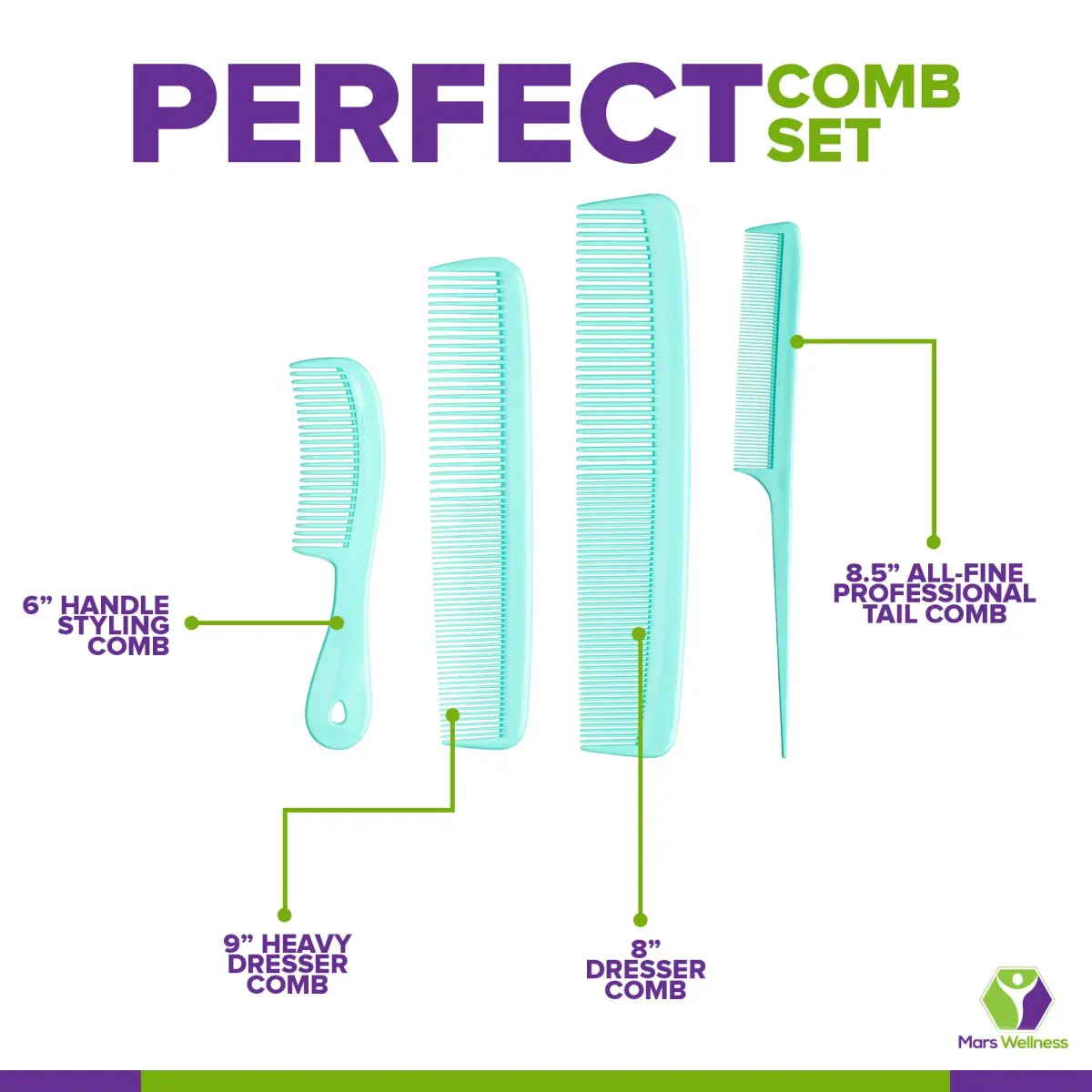 Mars Wellness 4 Piece Professional Green Comb Set | Barber Quality Styling, Detangling, and Backcombing Combs - view 4