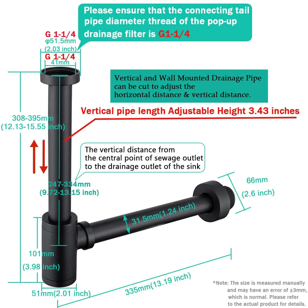 SEABEFORE Brass Round Bottle P-Trap 1 1/4, Adjustable Basin Sink Waste Drain Trap Kit, Matte Black P Trap | Height Adjustable, Solid Brass, Easy Install - view 2