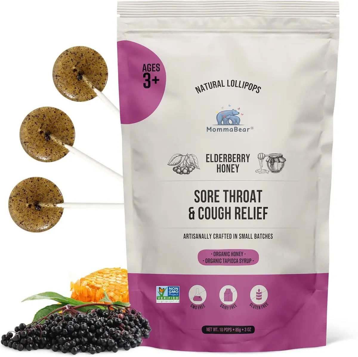 MommaBear Elderberry Honey Cough Lollipops for Kids (10 Pack) | Natural Elderberry & Honey Relief for Children (70-120 chars) - main product image