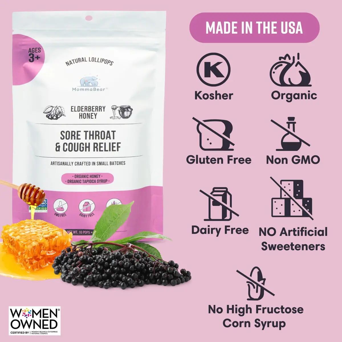 MommaBear Elderberry Honey Cough Lollipops for Kids (10 Pack) | Natural Elderberry & Honey Relief for Children (70-120 chars) - view 3