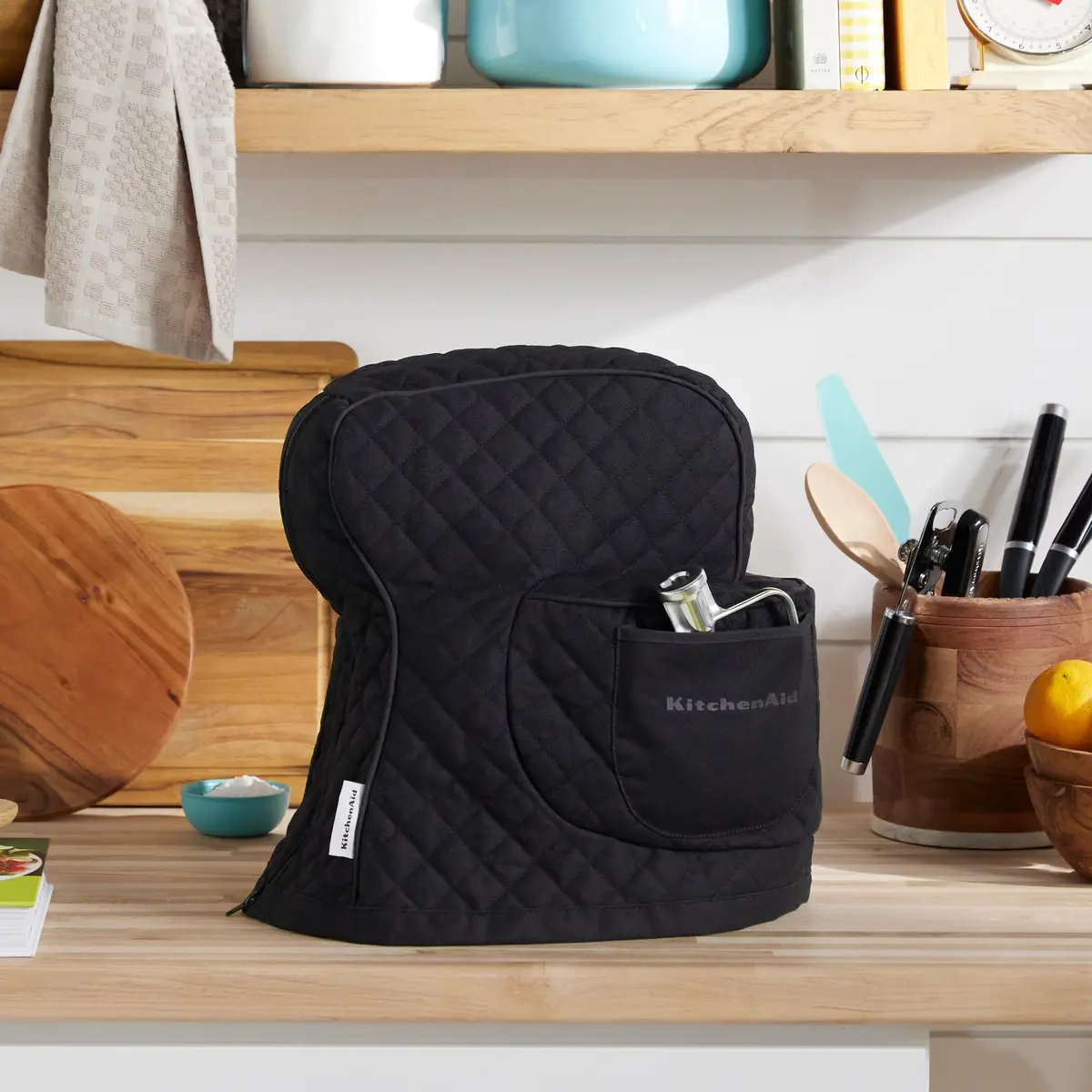 KitchenAid Fitted Tilt-Head Stand Mixer Cover with Storage Pocket, Quilted 100% Cotton, Matte Black, 36.6cm x 45.7cm x 25.4cm (14.4"x18"x10") | Protects Mixer from Dust & Scratches - view 2