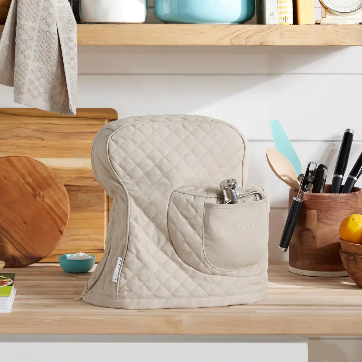 KitchenAid Fitted Tilt-Head Stand Mixer Cover with Storage Pocket, Quilted 100% Cotton, 36.6cm x 45.7cm (14.4"x18"), Milkshake Tan - view 2
