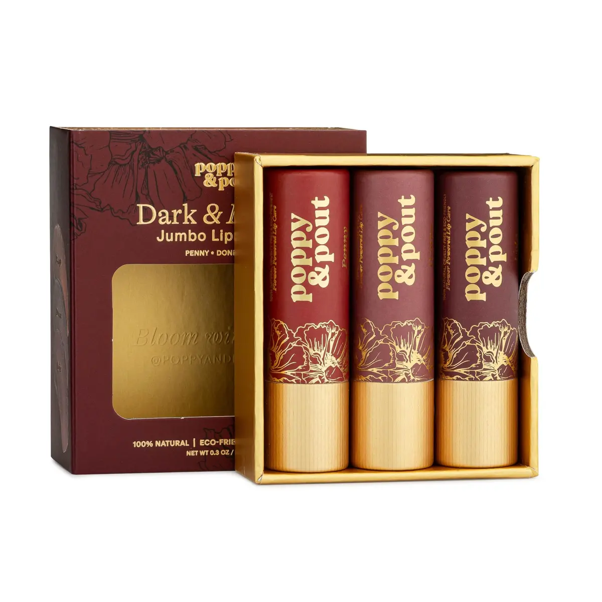 Poppy & Pout All Natural Lip Tints, 3-Pack | Sustainable Cardboard Tubes, Beeswax, Vitamin E, Coconut Oil (0.3oz each) - main product image