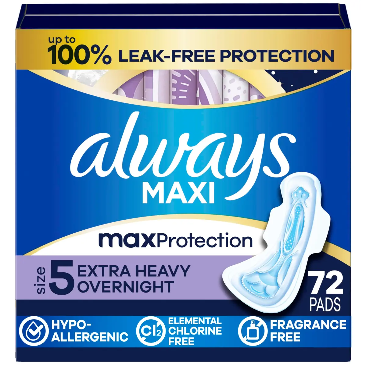 Always Maxi Overnight Pads with Wings, Size 5 Extra Heavy Overnight 72 Count | 11 Hours Protection - main product image