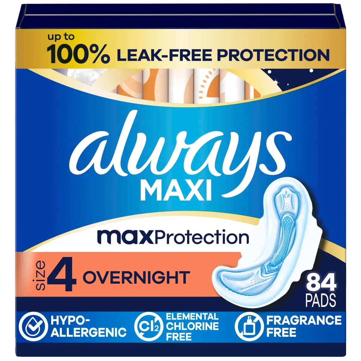 Always Maxi Overnight Pads with Wings, Size 4, 84 Count (3 Packs of 28) | Dermatologist Tested for Sensitive Skin - main product image