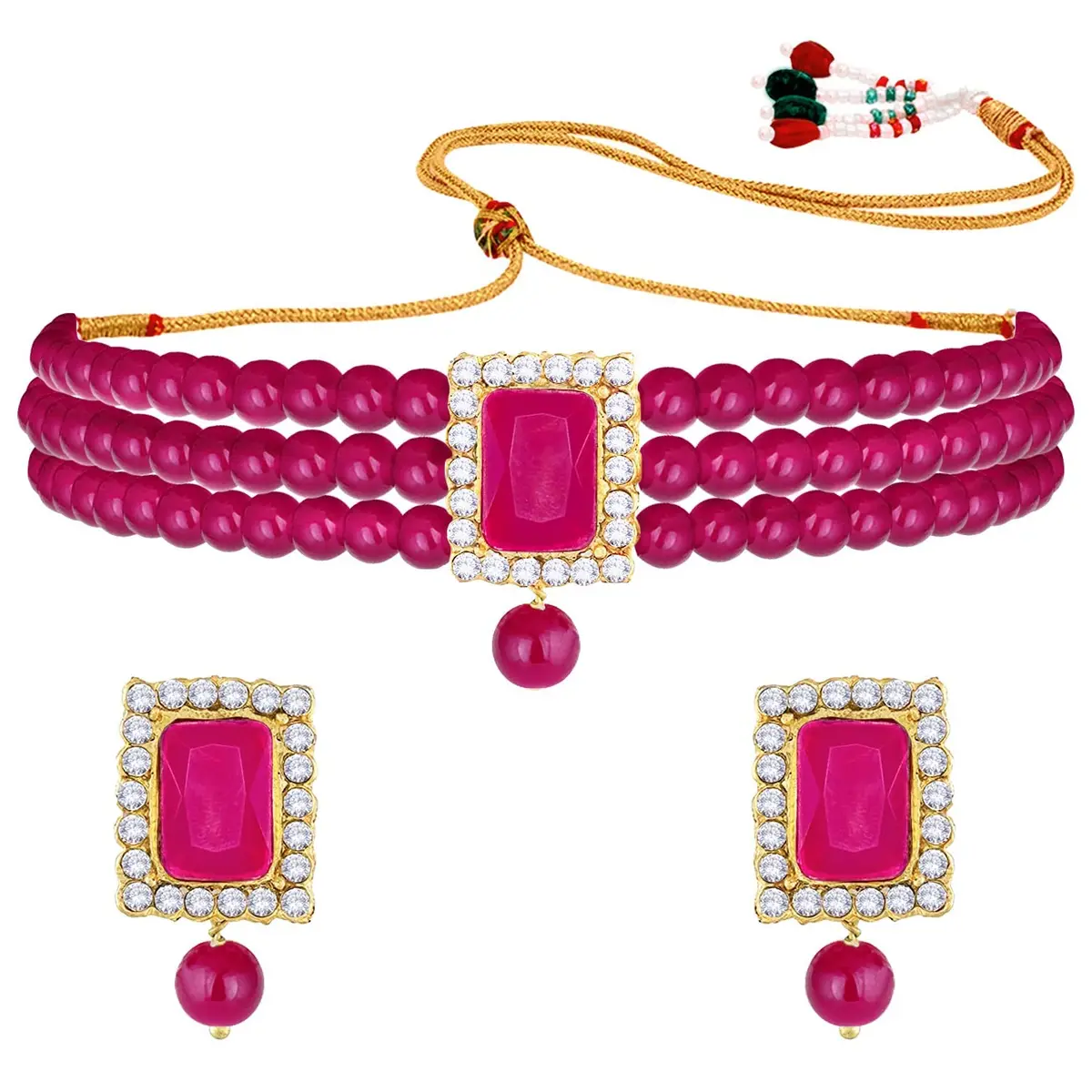 I Jewels Traditional Indian Wedding Bollywood Stone Pearl Choker Necklace Jewellery Set for Women (Style 4) | 26cm Necklace, 3.5cm Earrings - main product image