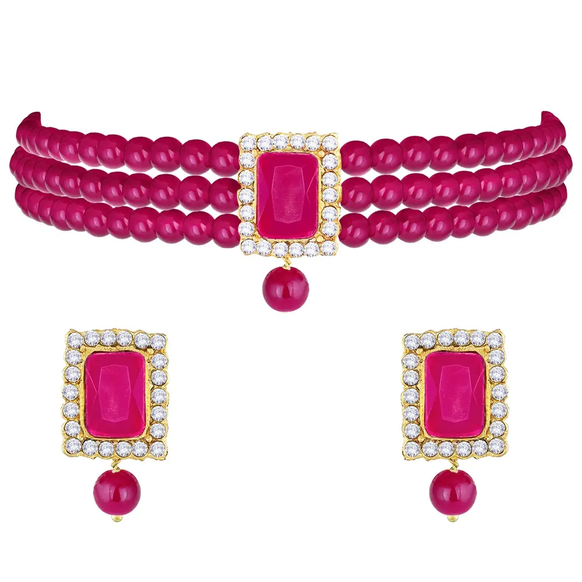 I Jewels Traditional Indian Wedding Bollywood Stone Pearl Choker Necklace Jewellery Set for Women (Style 4) | 26cm Necklace, 3.5cm Earrings - view 5