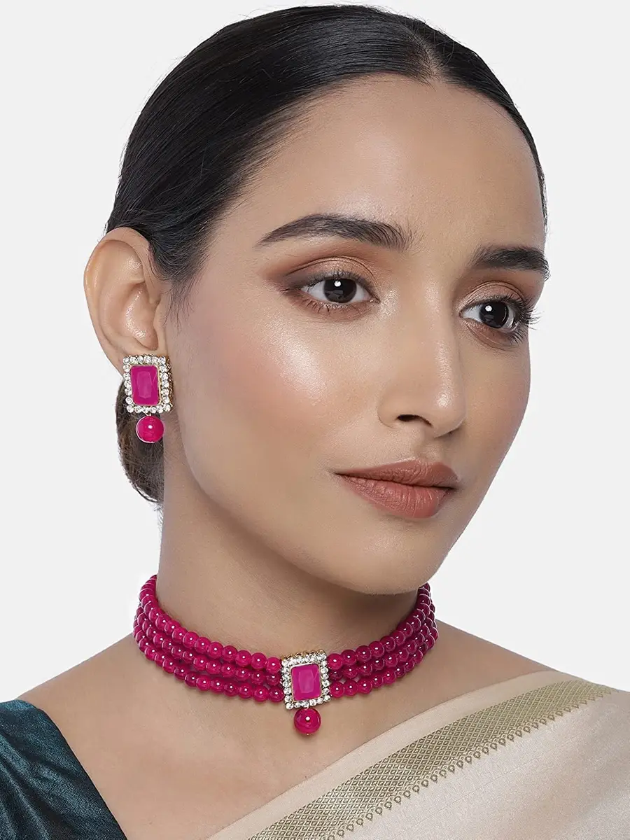 I Jewels Traditional Indian Wedding Bollywood Stone Pearl Choker Necklace Jewellery Set for Women (Style 4) | 26cm Necklace, 3.5cm Earrings - view 3