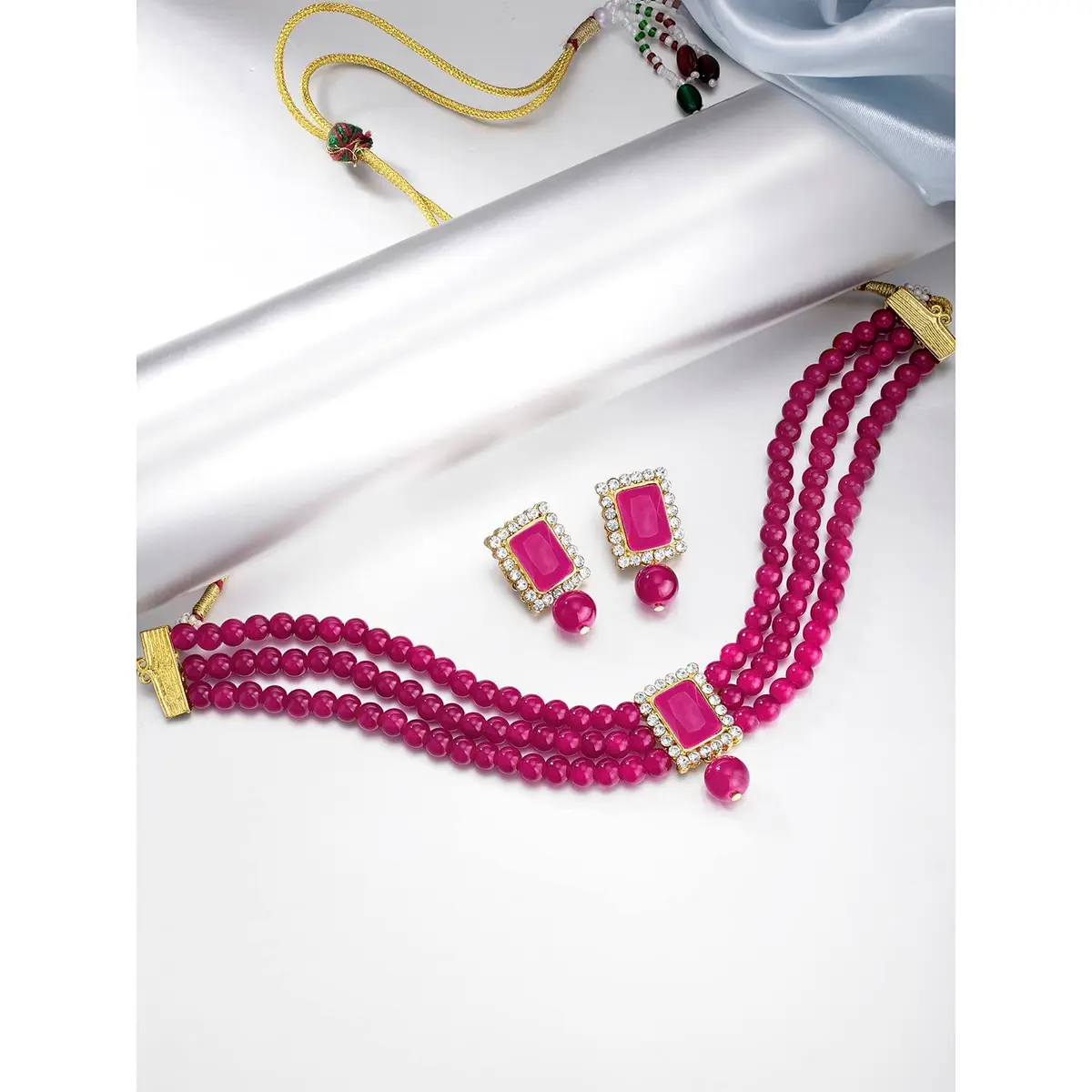 I Jewels Traditional Indian Wedding Bollywood Stone Pearl Choker Necklace Jewellery Set for Women (Style 4) | 26cm Necklace, 3.5cm Earrings - view 4