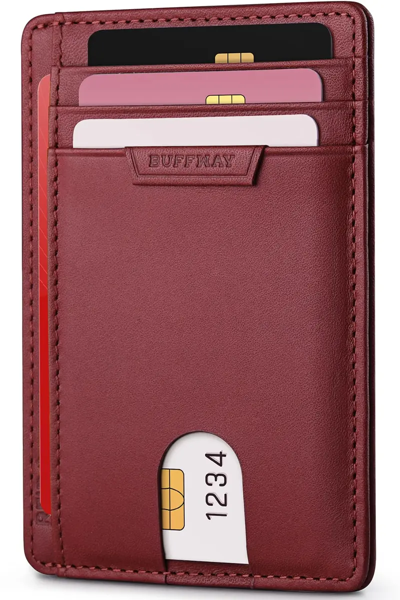 Buffway Slim Wallet for Men Women Minimalist Small Leather Front Pocket Wallets with RFID Blocking and Gifts Box - Bassa Mars Red | Compact RFID Wallet - main product image