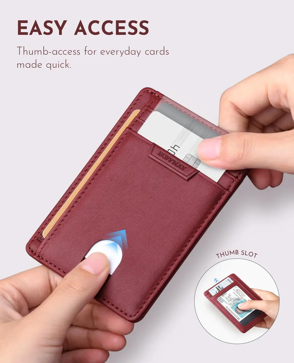 Buffway Slim Wallet for Men Women Minimalist Small Leather Front Pocket Wallets with RFID Blocking and Gifts Box - Bassa Mars Red | Compact RFID Wallet - view 5