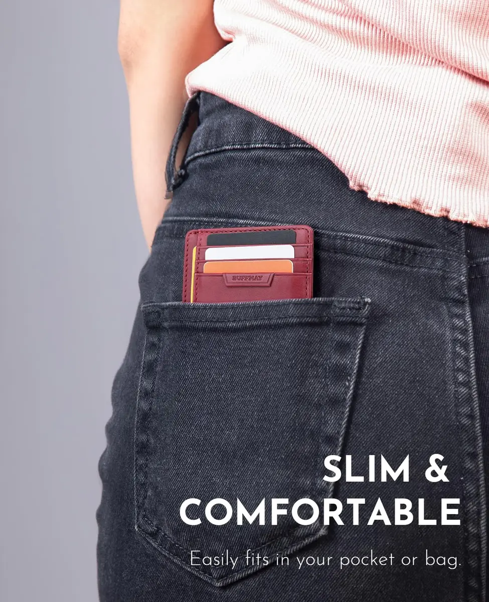 Buffway Slim Wallet for Men Women Minimalist Small Leather Front Pocket Wallets with RFID Blocking and Gifts Box - Bassa Mars Red | Compact RFID Wallet - view 3