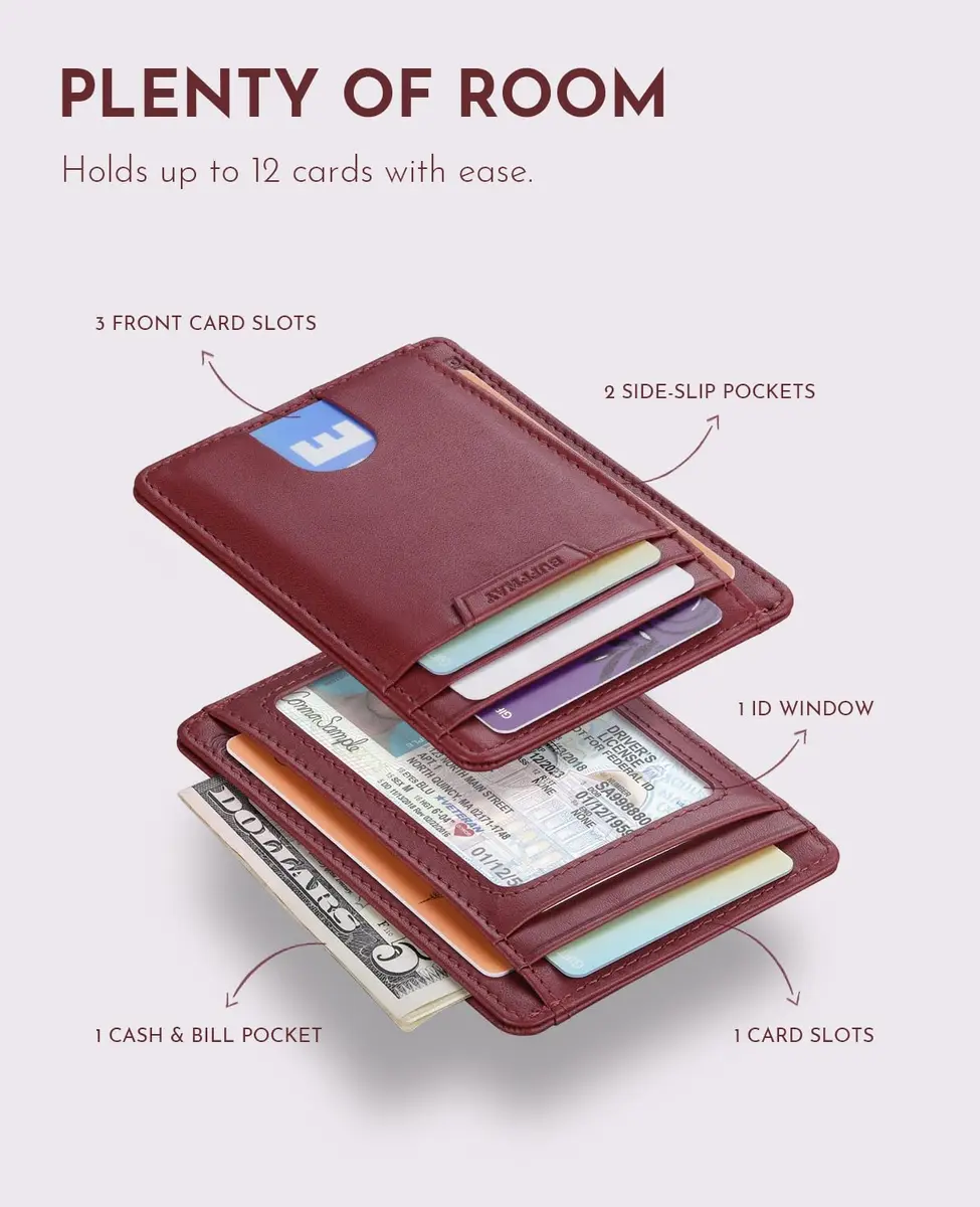 Buffway Slim Wallet for Men Women Minimalist Small Leather Front Pocket Wallets with RFID Blocking and Gifts Box - Bassa Mars Red | Compact RFID Wallet - view 4