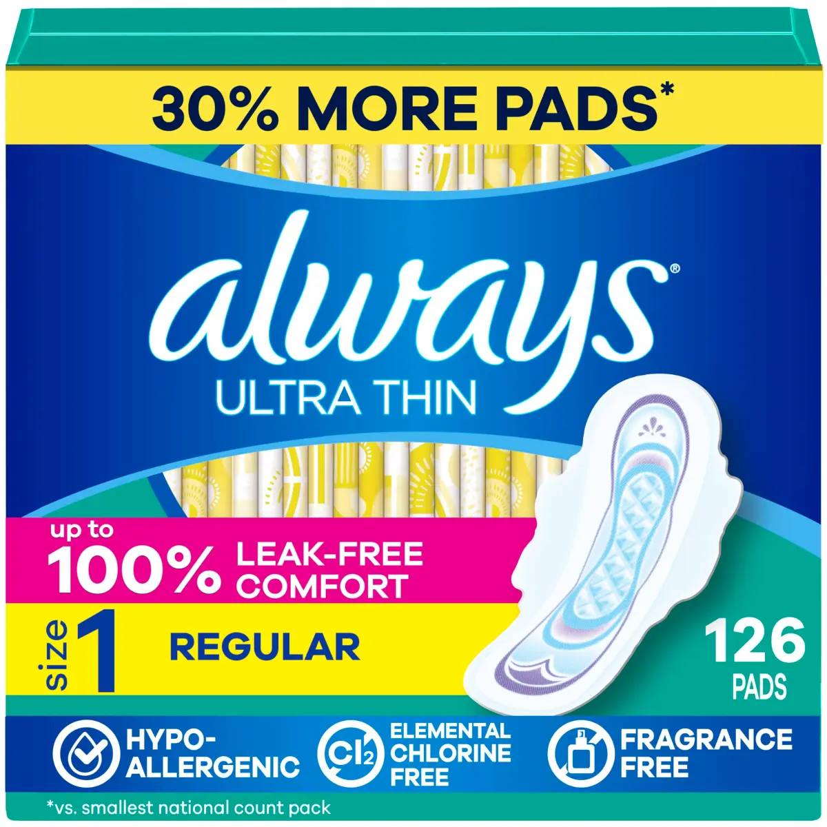 Always Ultra Thin Feminine Pads with Wings, Size 1, Regular Absorbency, Unscented, 126 Count | 100% Leak-Free Protection - main product image